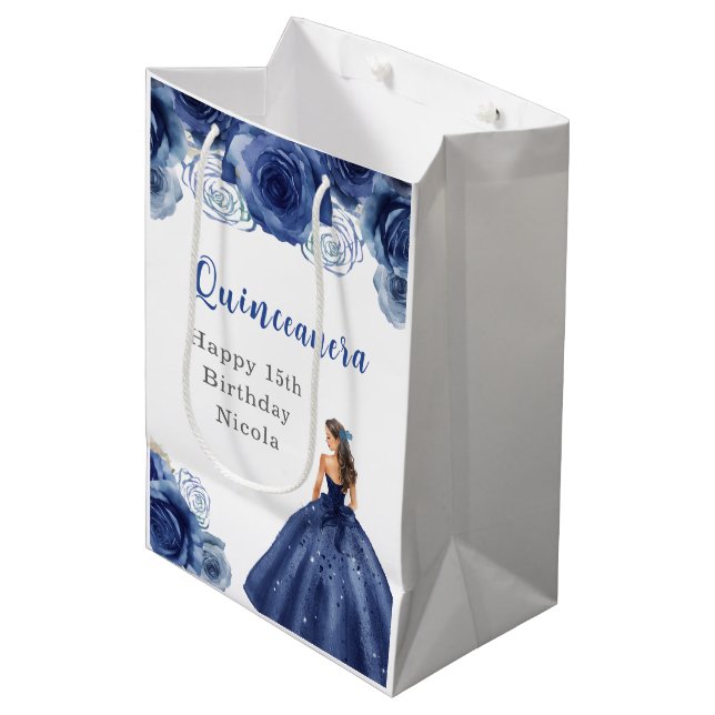 Prinzessin in Navy Blue Dress Quinceanera Mittlere Geschenktüte (Vorderseite Schrägansicht)