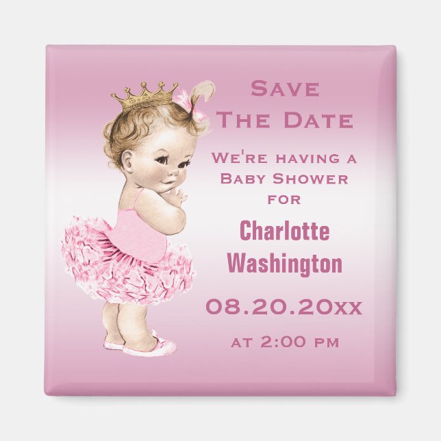 Prinzessin in Tutu Babydusche Save the Date rosa Magnet (Vorne)
