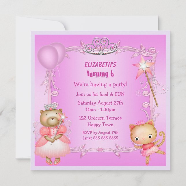 Prinzessin Kitty & Princess Bear Pink lädt ein Einladung (Vorderseite)