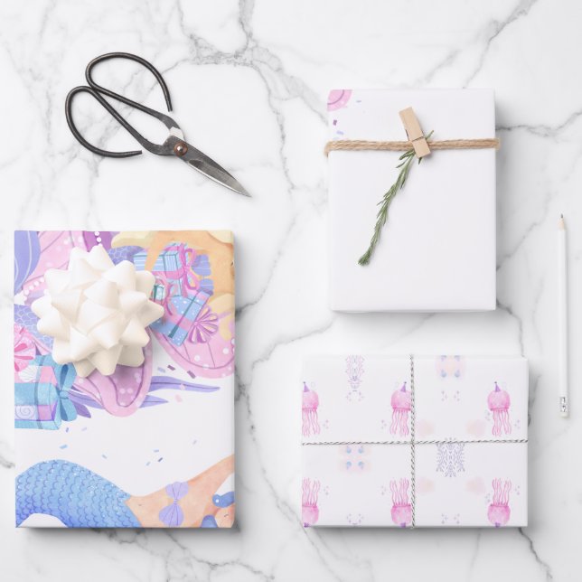 Prinzessin & Meerjungfrau Geburtstagseinladungskar Geschenkpapier Set (Vorderseite)