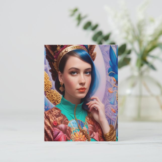 Prinzessin mit dekorativer aquamariner Ausstattung Postkarte (Stehend Vorderseite)