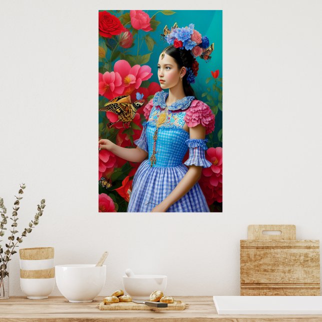 Prinzessin mit kariertem blauem Kleid Poster (Küche)