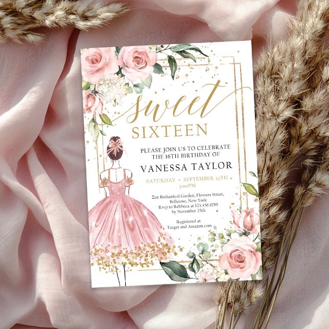 Prinzessin mit rosa Kleid, rot, geblümter goldfarb Einladung (Princess with pink dress blush floral gold frame invitation)