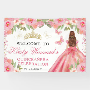 Prinzessin mit rosa Kleid und roten Haaren Floral  Banner