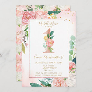 Prinzessin Pink und Gold Floral Erster Geburtstag Einladung