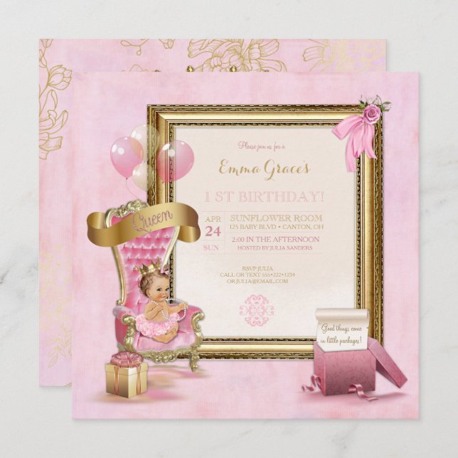 Prinzessin Pink Velvet Throne Gold Crown Geburtsta Einladung (Vorne/Hinten)