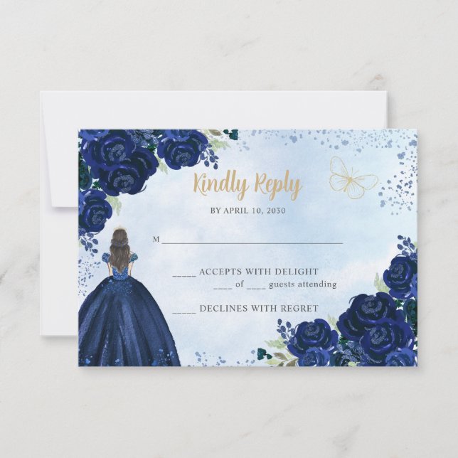 Prinzessin Quinceañera, Blauer Glitzer RSVP Karte (Vorderseite)
