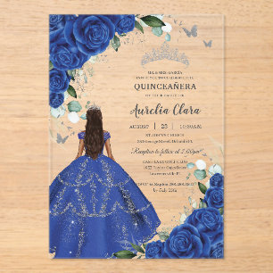 Prinzessin Quinceañera königsblaue Rosen silbernes Acryleinladungen