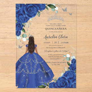 Prinzessin Quinceañera königsblaue Rosen silbernes Acryleinladungen