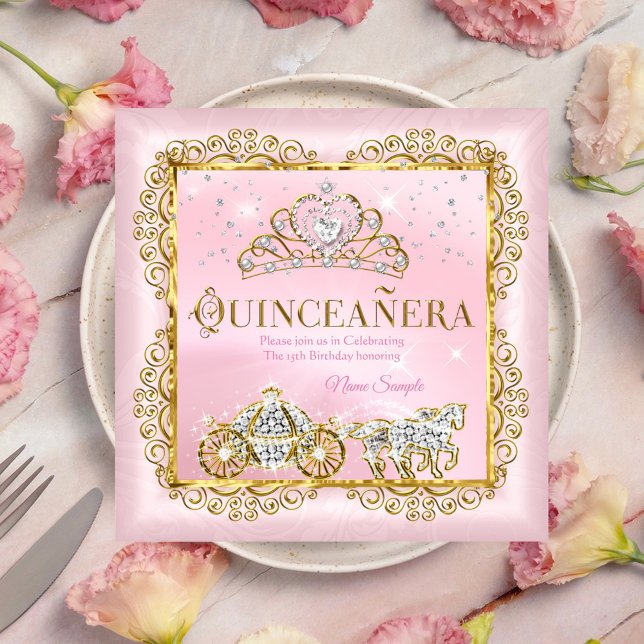Prinzessin Quinceañera magischer Rosa Rosa Gold Einladung (Von Creator hochgeladen)