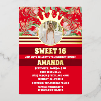 Prinzessin Red Floral Gold Crown Sweet 16 Foto Folieneinladung