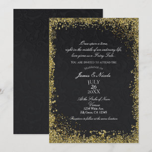 Prinzessin Schwarze Damast Elegante Märchenhochzei Einladung