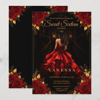 Prinzessin Sweet 16 Rot Gold Einladung
