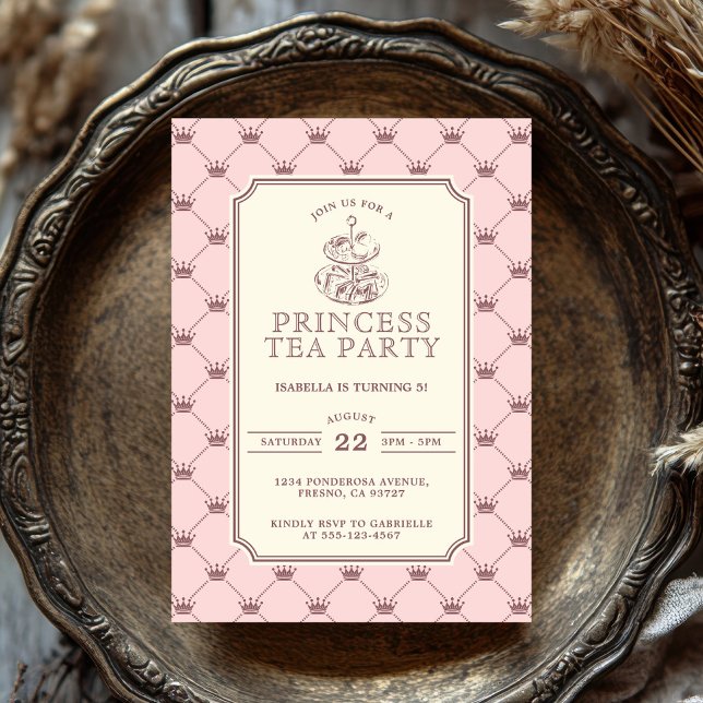 Prinzessin Teeparty Elegantes Rosa Kronen Muster Einladung (Von Creator hochgeladen)