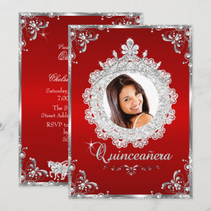 Prinzessin Tiara Rot Silber Glanz Quinceanera Einladung