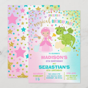 Prinzessin und Drache zum Geburtstag Einladung Ges