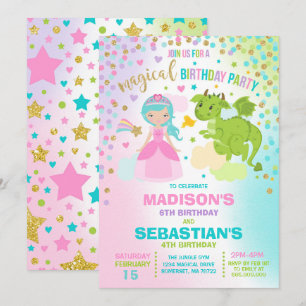Prinzessin und Drache zum Geburtstag Einladung Ges