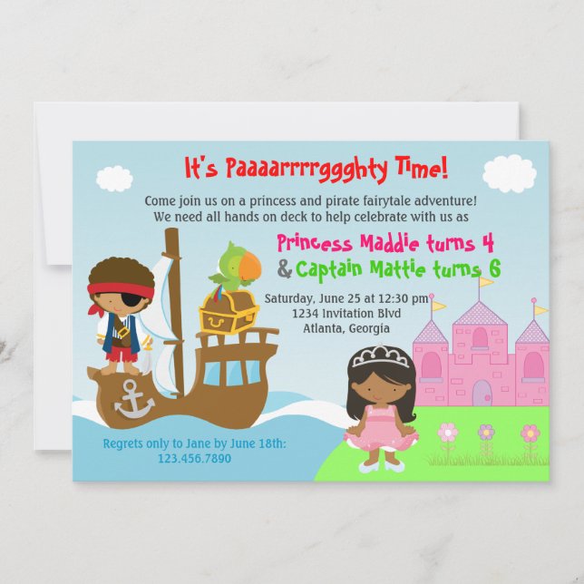 Prinzessin-und Piraten-Zwillings-gemeinsames Einladung (Vorderseite)