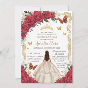 Prinzessin von Quinceañera Red Floral Champagne Einladung