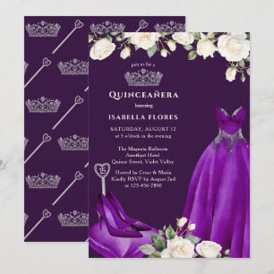 Prinzessinnenkleid und Rosen Lila Quinceanera Einladung