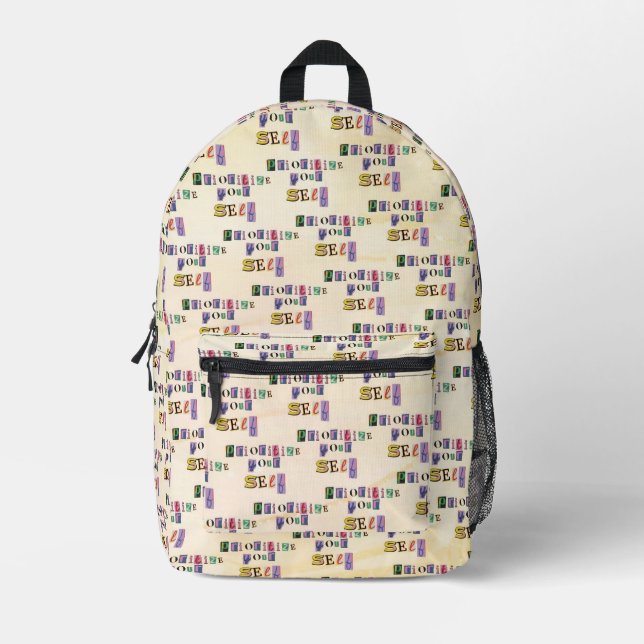Priorisiere dich selbst bedruckter rucksack (Vorderseite)