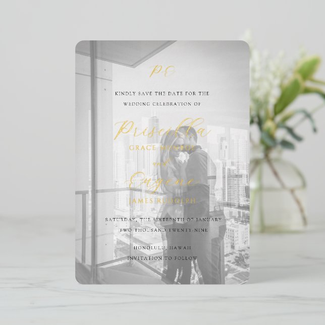 Priscilla Classic Wedding Save the Date Folieneinladung (Stehend vorne)