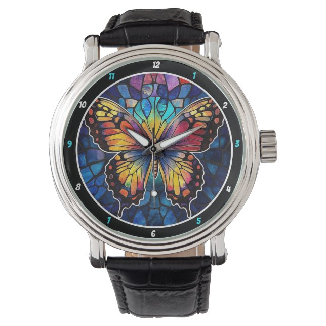 Prismatic Flight" - Stained Glass Butterfly  Armbanduhr (Vorderseite)