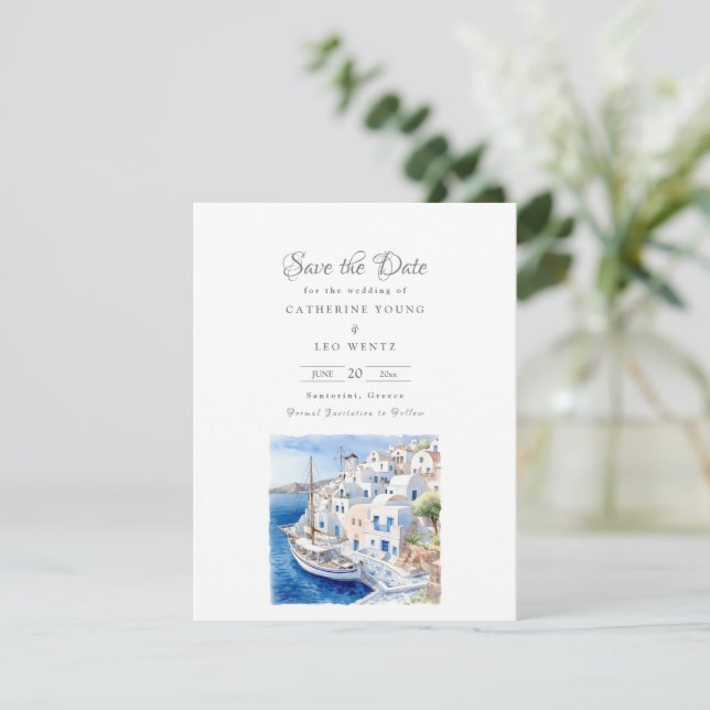 Pristine Blau und Weiß Santorini Save The Date (Stehend Vorderseite)