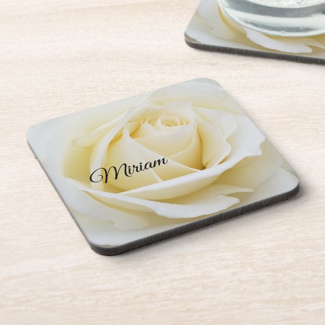 Pristine White Rose Nah-Up Foto Getränkeuntersetzer (Linke Seite)