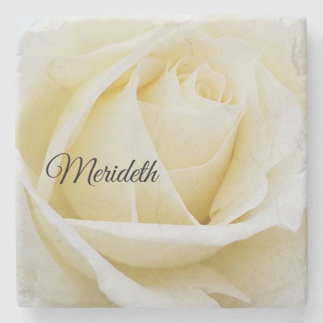 Pristine White Rose Nah-Up Foto Steinuntersetzer (Vorderseite)