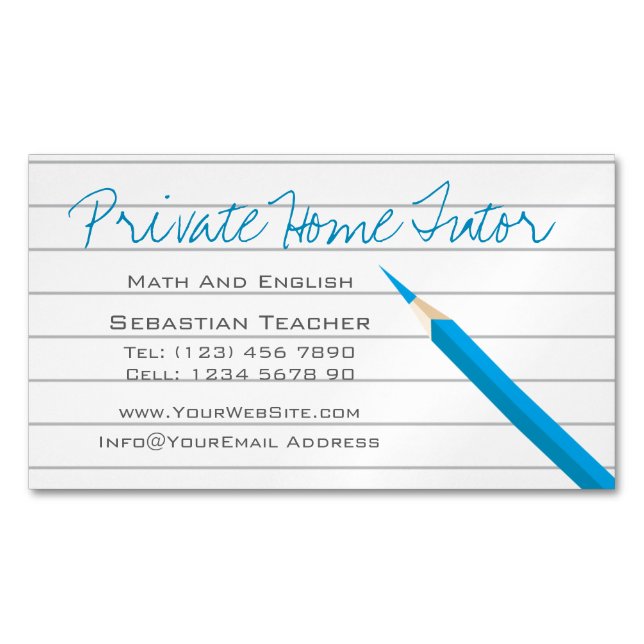 Private Zuhause Tutor, blaue Stifte und Linenpapie Magnetische Visitenkarte (Vorderseite)