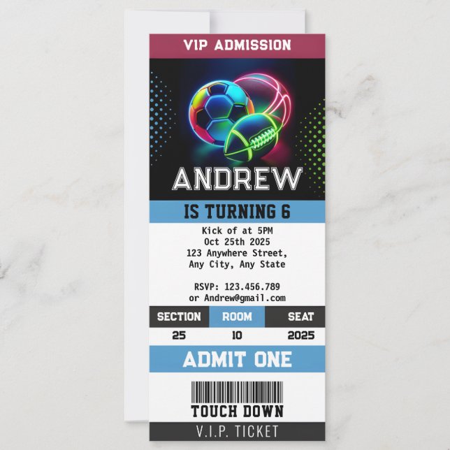 Privates All Star Sports Ticket Geburtstag Einladung (Vorderseite)