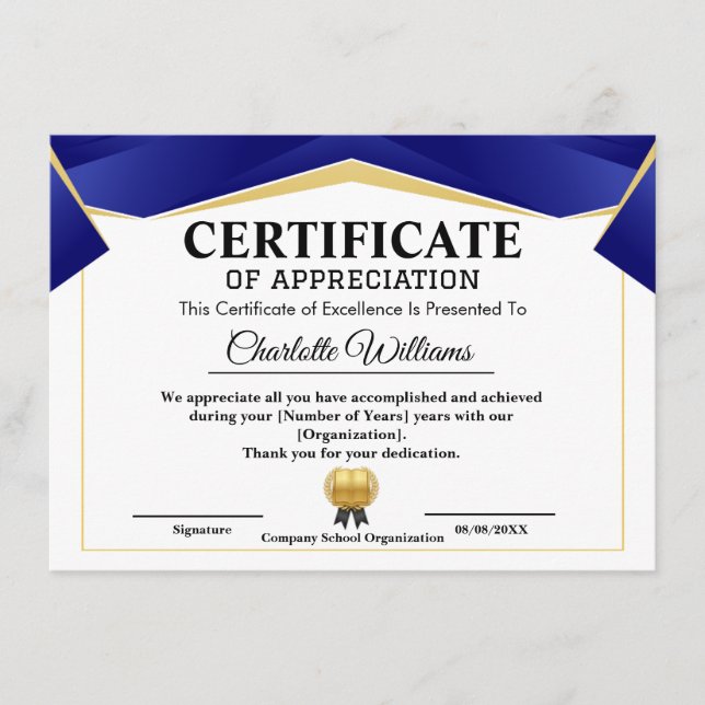  Pro Achievement Appreciate Gold Blue Certificate Begleitkarte (Vorderseite)