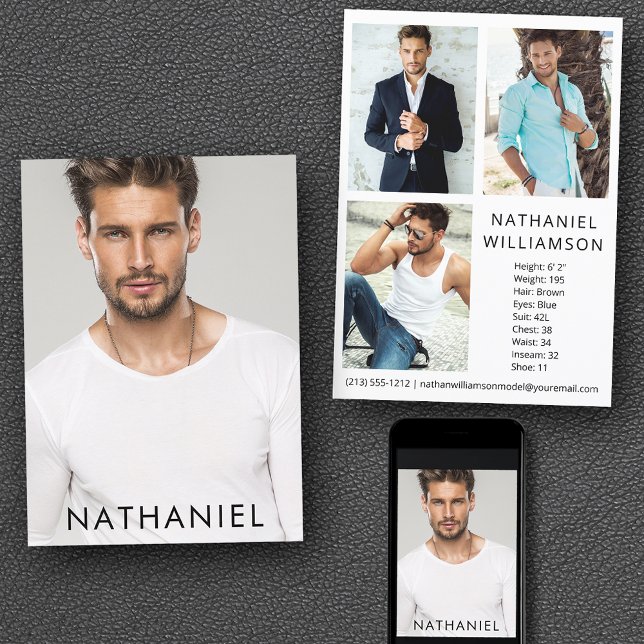 Pro Model Actor 4 Fotos Moderne Comp Card Einladung (Customize to change background color, text size or text style. Available for prints and download.)