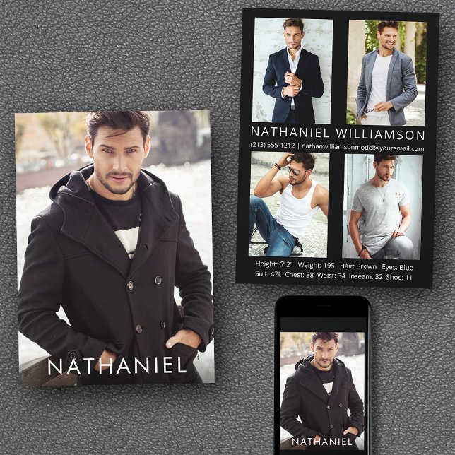 Pro Model Actor 5 Foto Comp Card Einladung (Customize to change background color, text size or text style. Available for prints and download.)