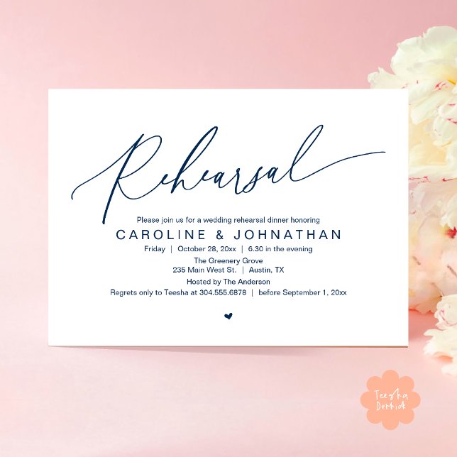 Probe Abendessen am Abend vor Hochzeitsfeier Einladung (Romantic Rehearsal Dinner The Night Before Wedding Dinner Party Invitation Card PDF Navy Blue)
