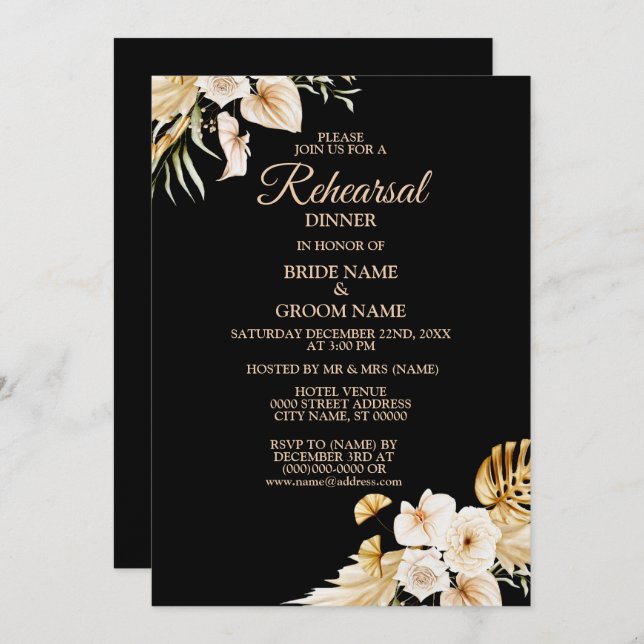 Probe Abendessen Rosa Blütenfarben Goldenes Schwar Einladung (Vorne/Hinten)