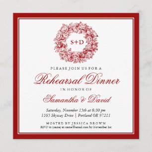 Probe Abendessen Vintag Floral Monogramm Rot Einladung