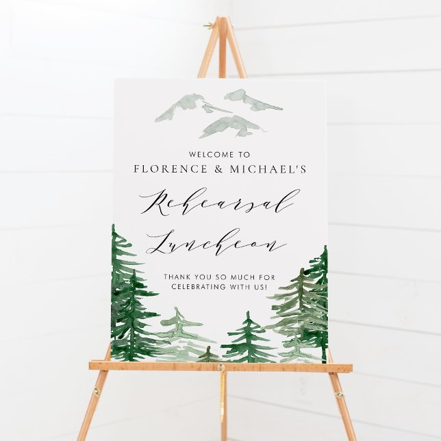 Probe Brunch im Wald Poster (Customizable woodland wedding rehearsal luncheon welcome sign featuring watercolor forest. )