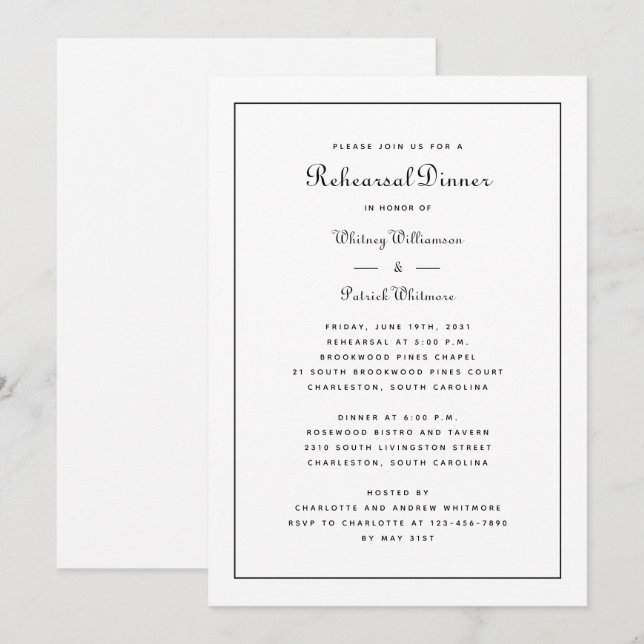Probe Dinner Black & White Wedding Elegante Einladung (Vorne/Hinten)