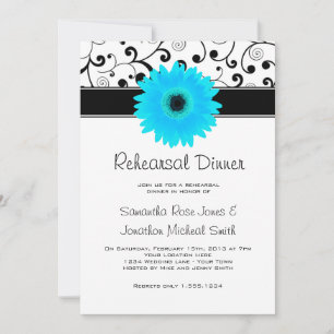 Probe Dinner Blue Gerbera Daisy Black Scroll Einladung