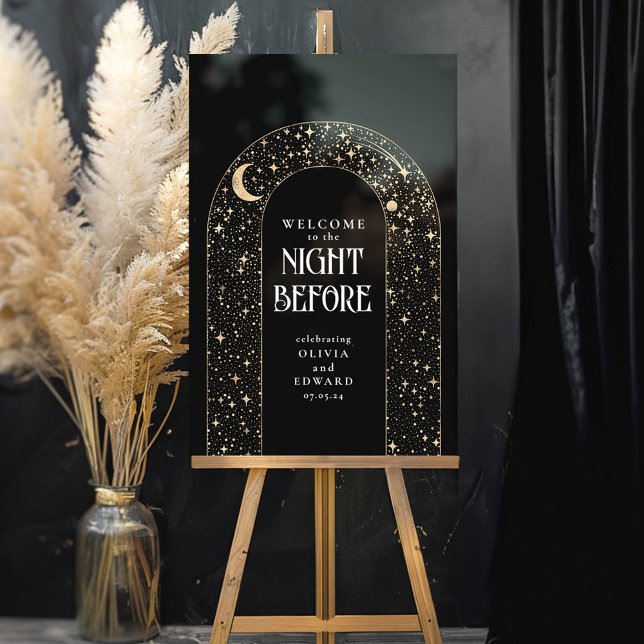 Probe Dinner Celestial Black Willkommen Acrylschild (Celestial Black Rehearsal Dinner Welcome Sign "The Night Before")