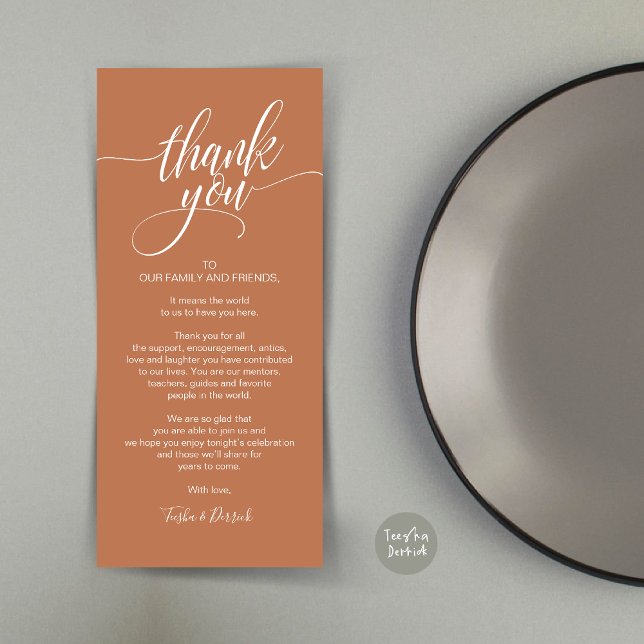 Probe Dinner Danke, dass Sie die Karte setzen (Rehearsal Dinner Wedding Brunch Celebration, Place Setting Thank You Card, in Copper Rust)