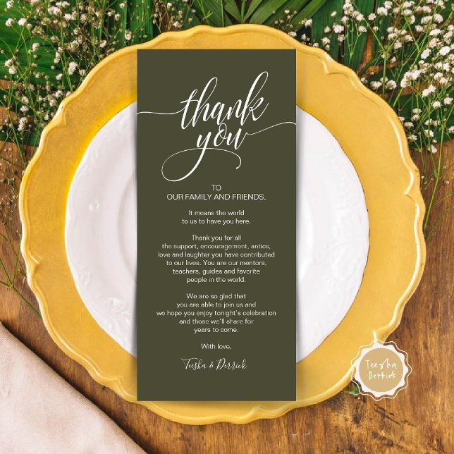 Probe Dinner Danke, dass Sie die Karte setzen (Wedding Dinner Place Setting Thank You Card, Modern Classy Elegant Script, Olive Green)