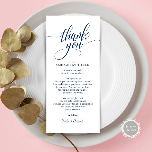 Probe Dinner Danke, dass Sie die Karte setzen (Wedding Dinner Place Setting Thank You Card, Modern Classy Elegant Script, Navy Blue)