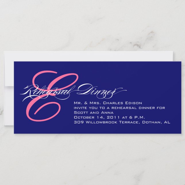 Probe Dinner Einladung Navy Pink Monogramm (Vorderseite)