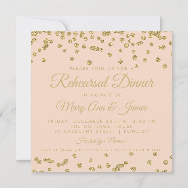 Probe Dinner Gold Glitzer Confetti Rose Einladung (Vorderseite)