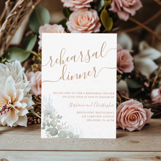 Probe Dinner Green Foliage Gold Script Hochzeit Einladung (Von Creator hochgeladen)