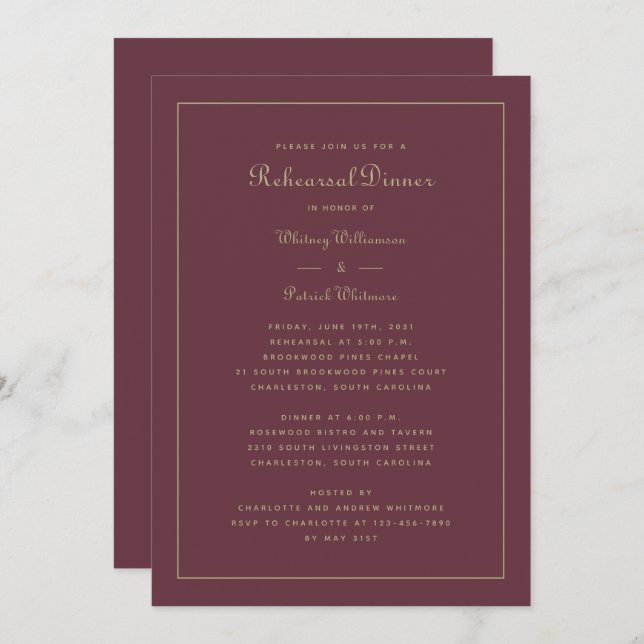 Probe Dinner Hochzeit Elegantes Burgund Gold Einladung (Vorne/Hinten)