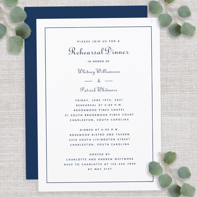 Probe Dinner Hochzeit Elegantes Script Blau Weiß Einladung (Rehearsal Dinner Wedding Elegant Script Blue White Invitation)